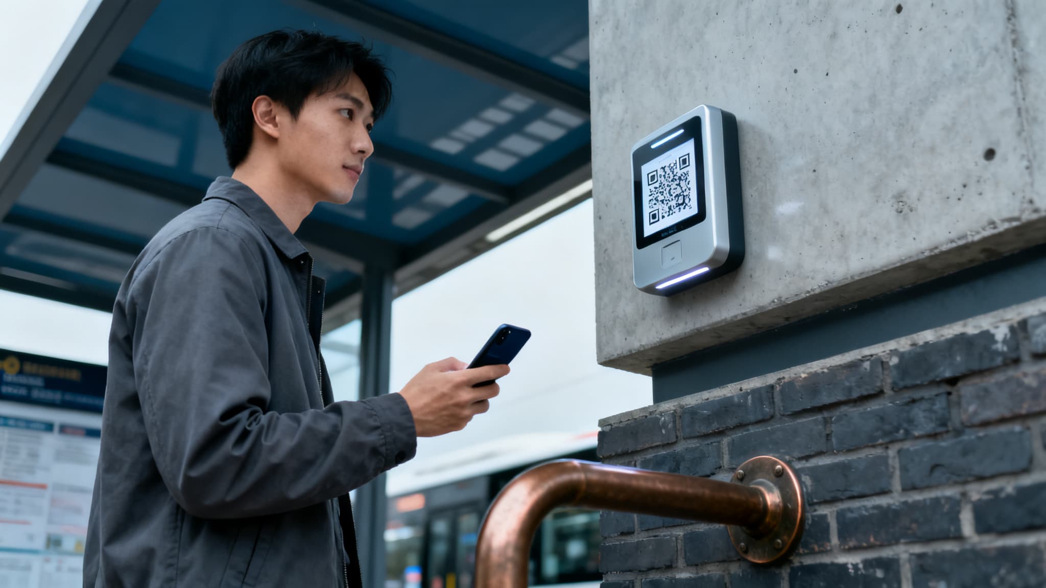 Scanning a QR code on a washing machine for pay per use laundry room QR access.